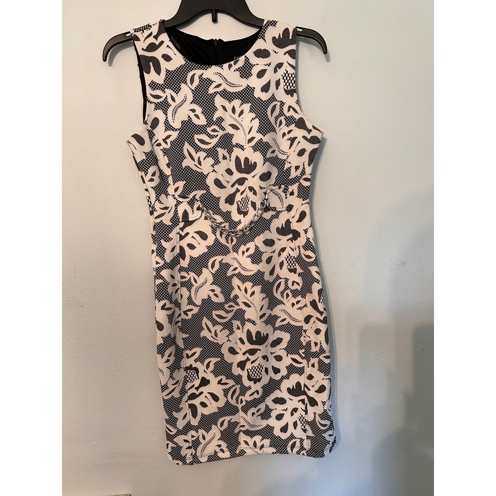 Enfocus Studio Sheath Dress Womens 4 Black White Excellent Floral Chain Accent